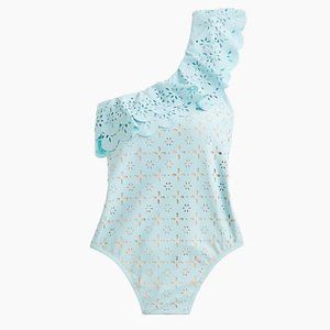 J Crew- NWT- Scalloped ruffle one-shoulder one-piece swimsuit laser-cut eyelet